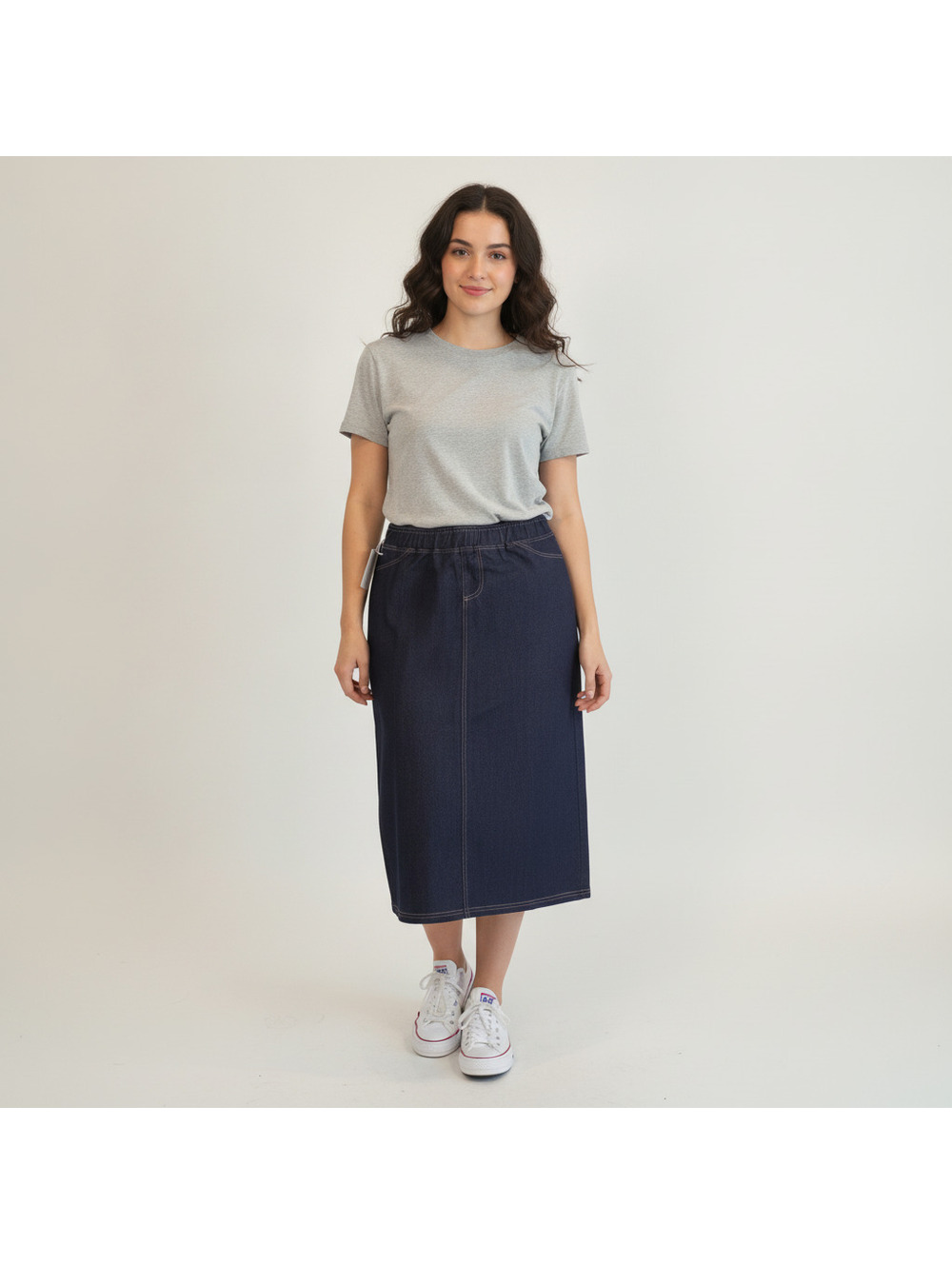 Main street exchange Blue Denim Midi Skirt with Elastic Waist